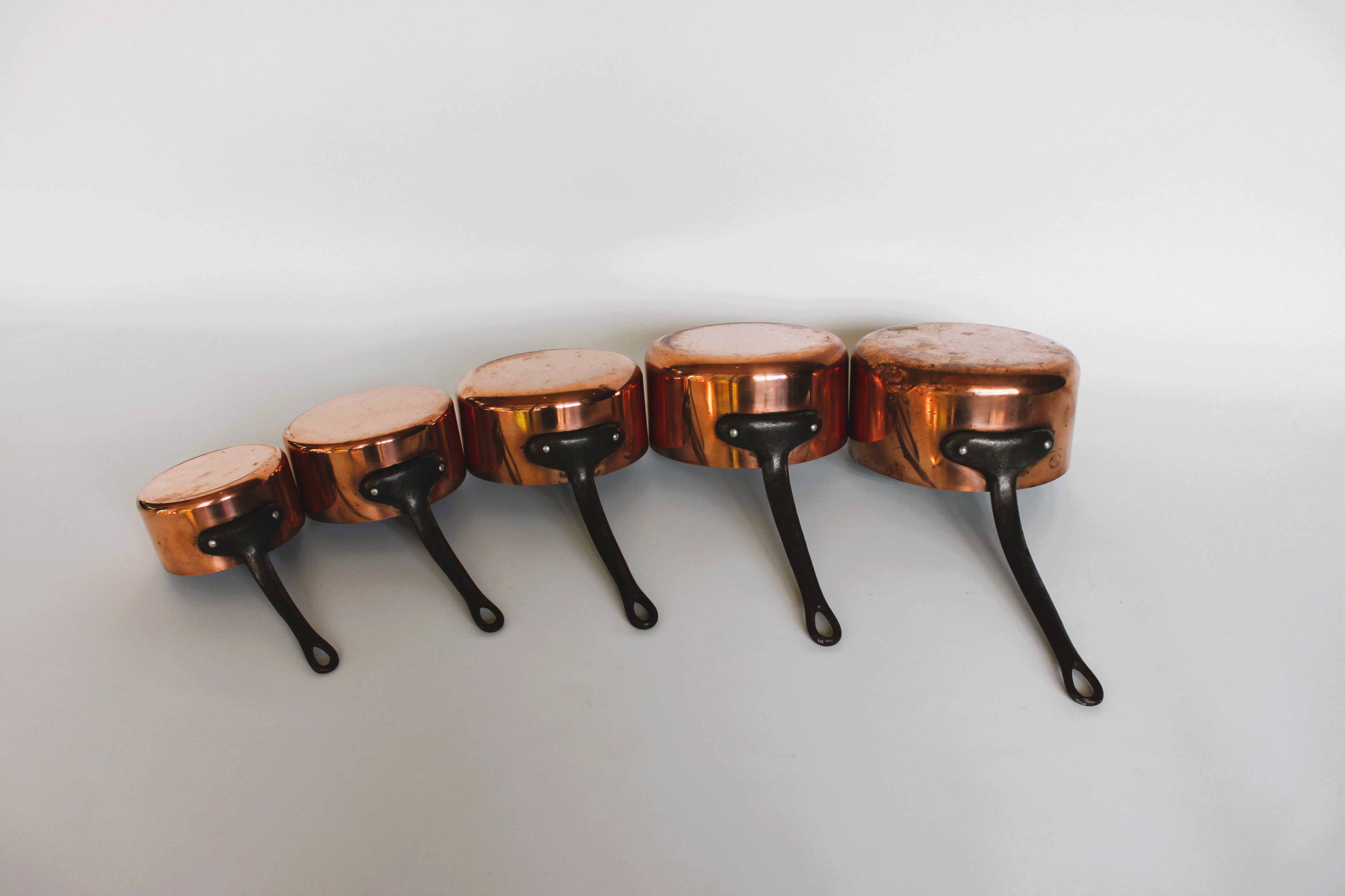 **Heavy Gauge French Copper Saucepan Set — c.1900