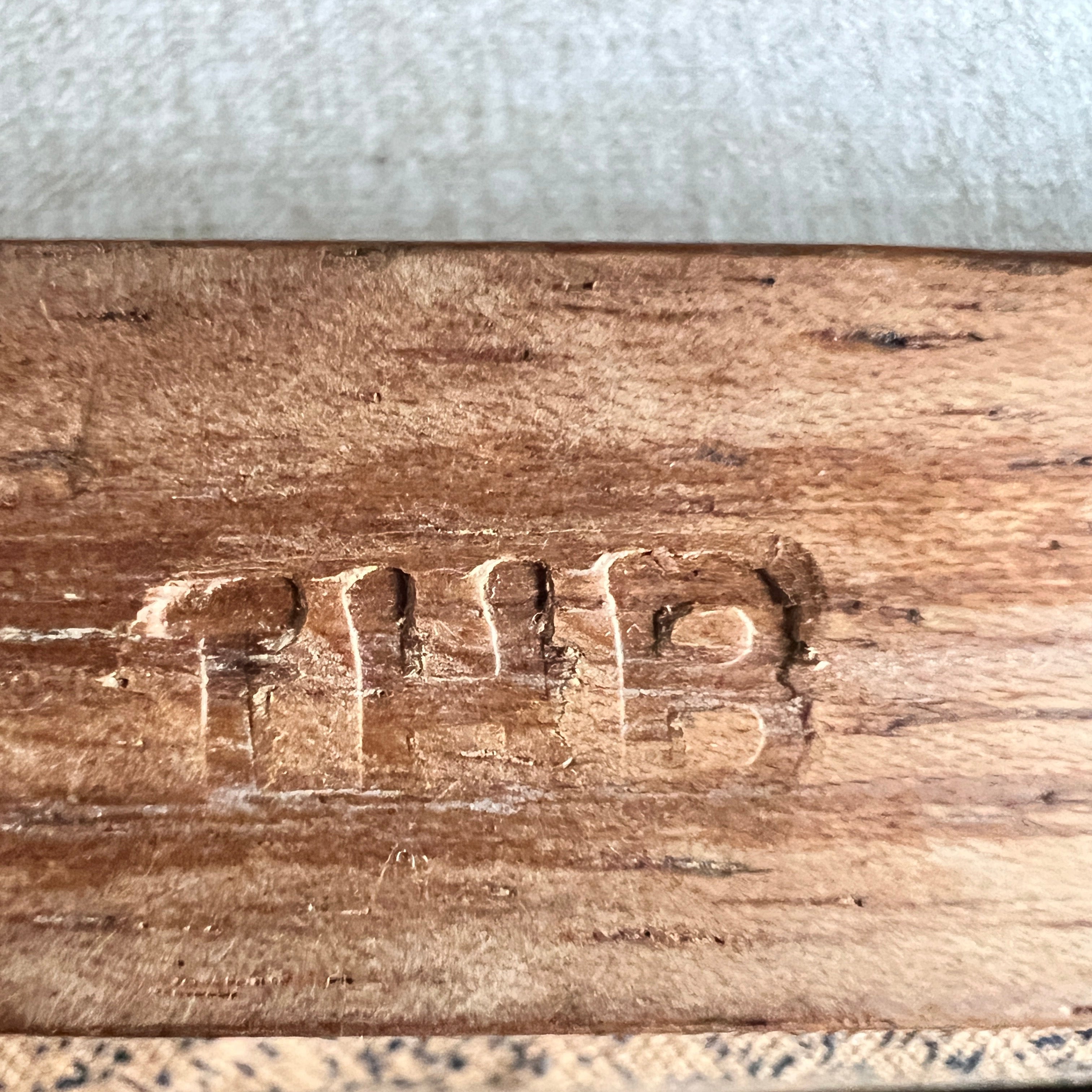 TH Brown Carver chair with square teak frame, makers stamp