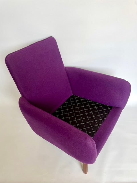 Mid Century “Ziva” Armchair by Danish Deluxe — Upholstered in Purple Felt