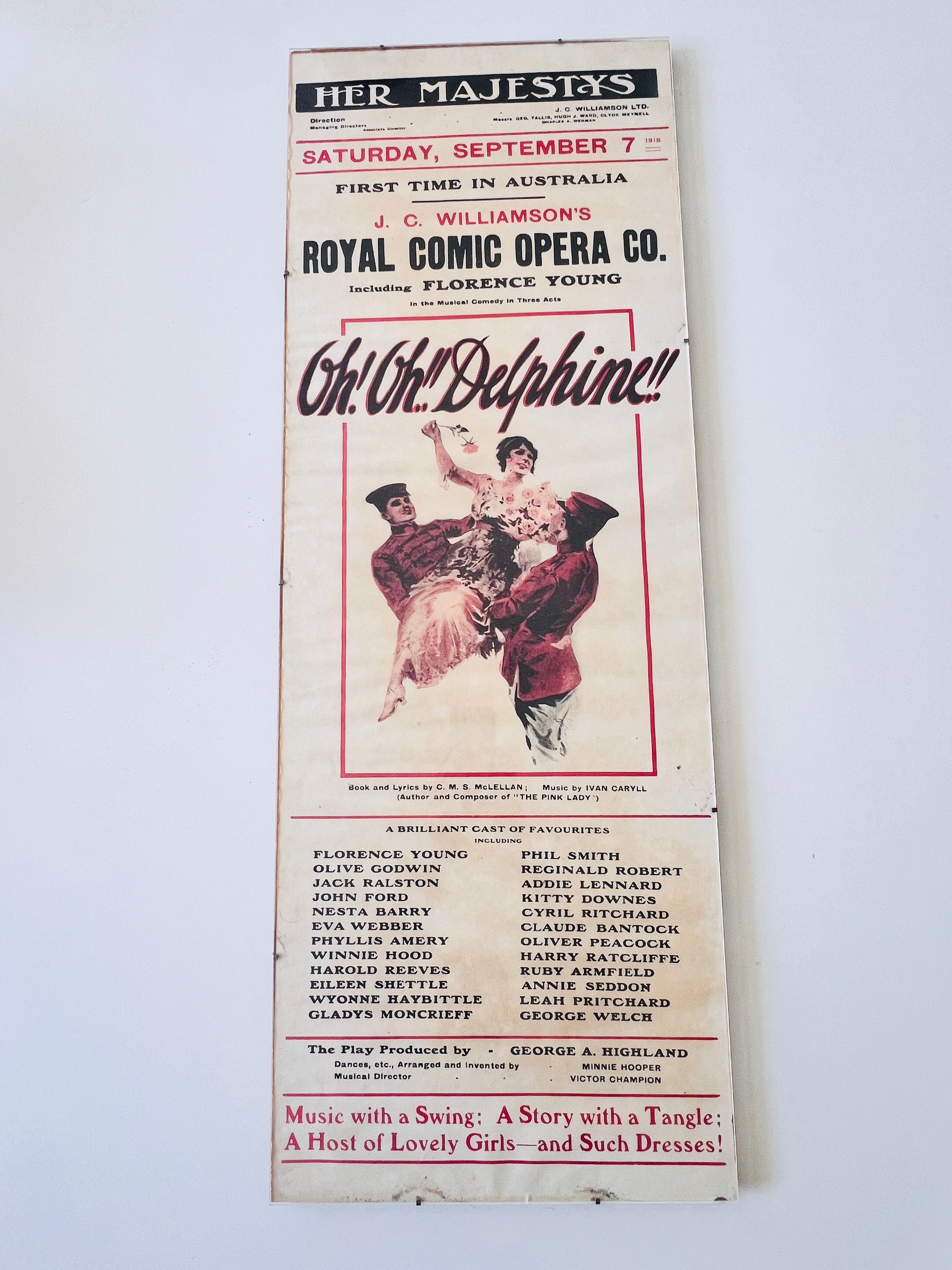 Original 1918 Oh! Oh! Delphine!! theatre poster presented by J. C. Williamson at Her Majesty’s Theatre, Australia