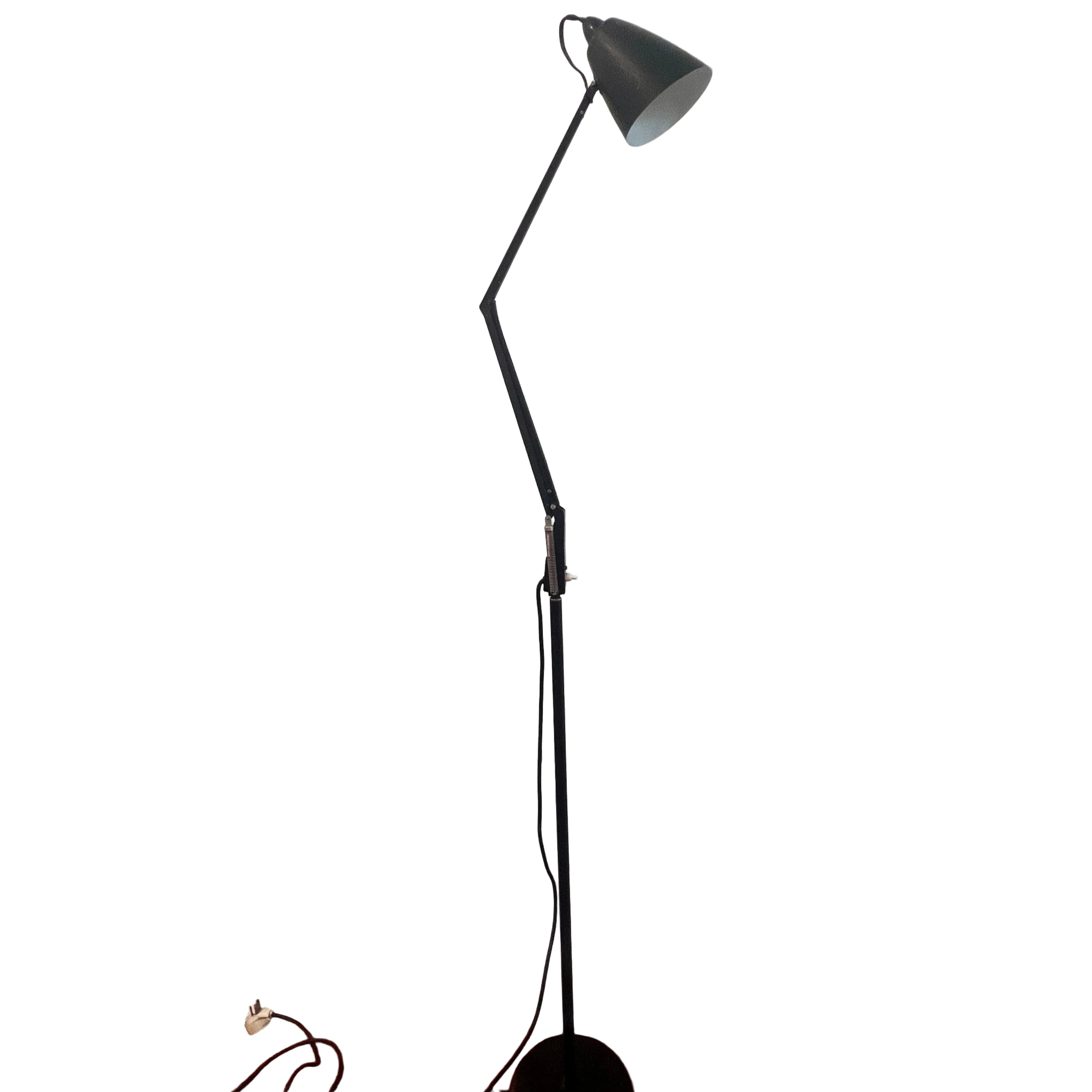 Planet Indus K adjustable floor lamp in black, Australian mid-century industrial design, full height view